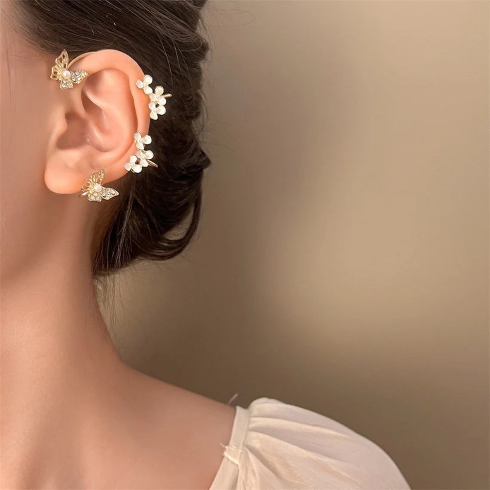 Butterfly Bloom, Flower Pearl Ear Wrap, Delicate Ear Wrap, Gold Pearl Flower Ear